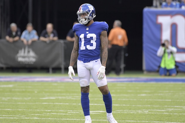 New York Giants wide receiver Odell Beckham looks on before a play against the Los Angeles Chargers during the first half of an NFL football game, Sunday, Oct. 8, 2017, in East Rutherford, N.J. (AP Photo/Bill Kostroun)