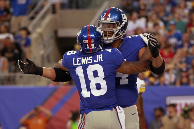 EAST RUTHERFORD, NJ - AUGUST 11: Roger Lewis #18 and Ereck Flowers #74 of the New York Giants celebrate during an NFL preseason game against the Pittsburgh Steelers at MetLife Stadium on August 11, 2017 in East Rutherford, New Jersey. (Photo by Rich Schultz/Getty Images)