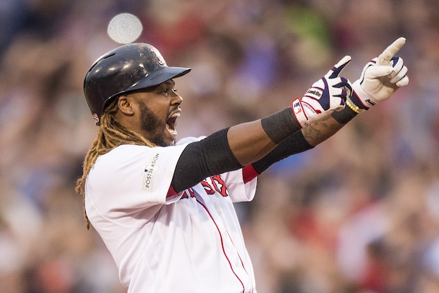 BOSTON, MA - OCTOBER 8: Hanley Ramirez #13 of the Boston Red Sox reacts after hitting an RBI double during the seventh inning of game three of the American League Division Series against the Houston Astros on October 8, 2017 at Fenway Park in Boston, Massachusetts. (Photo by Billie Weiss/Boston Red Sox/Getty Images)