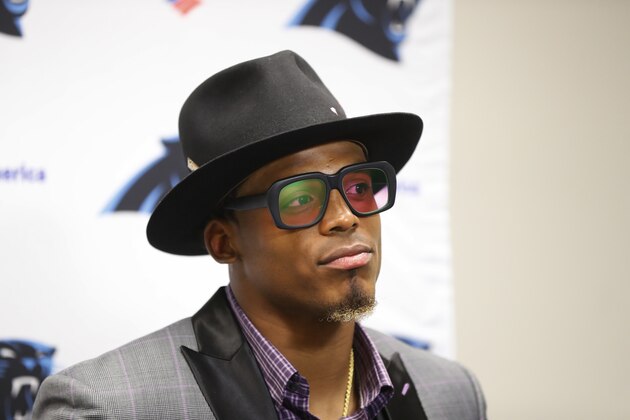 Carolina Panthers quarterback Cam Newton addresses the media after an NFL football game against the Detroit Lions, Sunday, Oct. 8, 2017, in Detroit. (AP Photo/Paul Sancya)