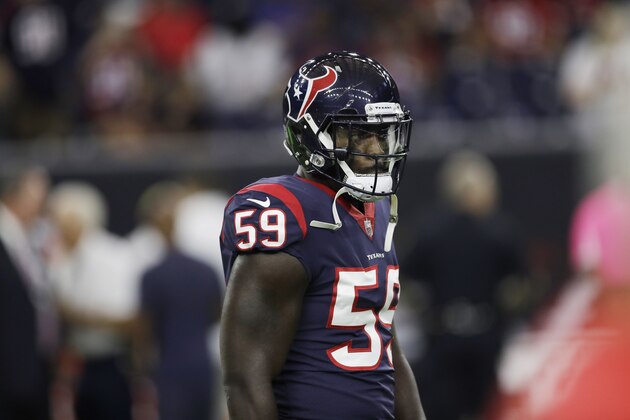 Houston Texans outside linebacker Whitney Mercilus (59) warms up before an NFL football game against the Kansas City Chiefs, Sunday, Oct. 8, 2017, in Houston. (AP Photo/Eric Christian Smith)