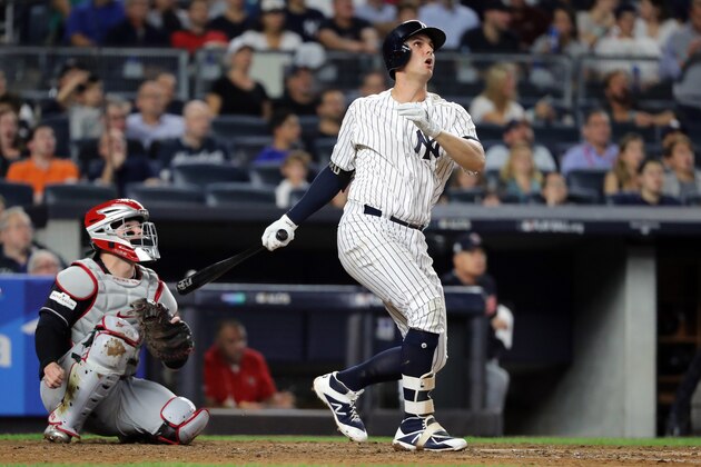 NEW YORK, NY - OCTOBER 08:  Greg Bird #33 of the New York Yankees hits a solo-homerun during the seventh inning against the Cleveland Indians in game three of the American League Division Series at Yankee Stadium on October 8, 2017 in New York City.  (Photo by Abbie Parr/Getty Images)