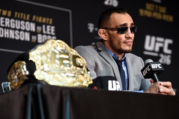 LAS VEGAS, NV - OCTOBER 07:  Tony Ferguson speaks to the media after the UFC 216 event inside TMobile Arena on October 7, 2017 in Las Vegas, Nevada. (Photo by Brandon Magnus/Zuffa LLC/Zuffa LLC via Getty Images)