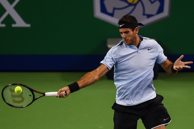 Juan Martin del Potro of Argentina hits a return during the men's singles against Nikoloz Basilashvili of Georgia at the Shanghai Masters tennis tournament in Shanghai on October 9, 2017.  / AFP PHOTO / CHANDAN KHANNA        (Photo credit should read CHANDAN KHANNA/AFP/Getty Images)
