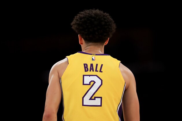 LOS ANGELES, CA - OCTOBER 02:  Lonzo Ball #2 of the Los Angeles Lakers looks on during the first half of a preseason game against the Denver Nuggets at Staples Center on October 2, 2017 in Los Angeles, California.  NOTE TO USER: User expressly acknowledges and agrees that, by downloading and or using this Photograph, user is consenting to the terms and conditions of the Getty Images License Agreement  (Photo by Sean M. Haffey/Getty Images)