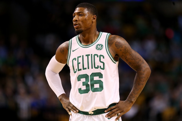 BOSTON, MA - OCTOBER 2: Marcus Smart #36 of the Boston Celtics looks on during the first half against the Charlotte Hornets at TD Garden on October 2, 2017 in Boston, Massachusetts. NOTE TO USER: User expressly acknowledges and agrees that, by downloading and or using this Photograph, user is consenting to the terms and conditions of the Getty Images License Agreement. (Photo by Maddie Meyer/Getty Images)