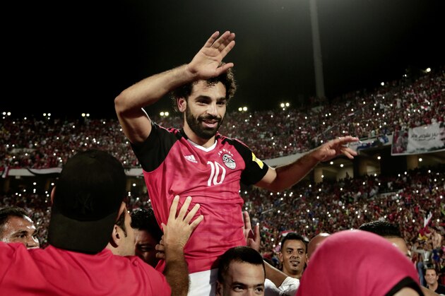 Egypt's Mohamed Salah celebrates defeating Congo during the 2018 World Cup group E qualifying soccer match at the Borg El Arab Stadium in Alexandria, Egypt, Sunday, Oct. 8, 2017. Egypt won 2-1. (AP Photo/Nariman El-Mofty)