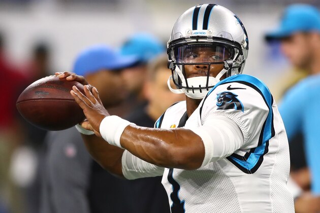 DETROIT, MI - OCTOBER 08: Quarterback Cam Newton #1 of the Carolina Panthers warms up prior to the start of the game against the Detroit Lions at Ford Field on October 8, 2017 in Detroit, Michigan. (Photo by Gregory Shamus/Getty Images)