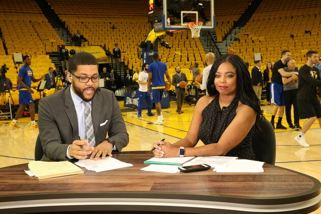 OAKLAND, CA - JUNE 12:  Michael Smith and Jemele Hill chats of the Cleveland Cavaliers against the Golden State Warriors during Game Five of the 2017 NBA Finals on June 12, 2017 at ORACLE Arena in Oakland, California. NOTE TO USER: User expressly acknowledges and agrees that, by downloading and or using this photograph, User is consenting to the terms and conditions of the Getty Images License Agreement. Mandatory Copyright Notice: Copyright 2017 NBAE (Photo by Bruce Yeung/NBAE via Getty Images)
