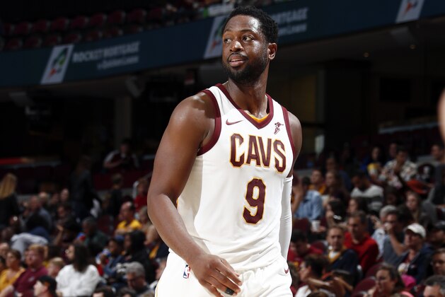CLEVELAND, OH - OCTOBER 6: Dwyane Wade #9 of the Cleveland Cavaliers reacts during the preseason game against the Indiana Pacers on October 6, 2017 at Quicken Loans Arena in Cleveland, Ohio.  NOTE TO USER: User expressly acknowledges and agrees that, by downloading and or using this Photograph, user is consenting to the terms and conditions of the Getty Images License Agreement. Mandatory Copyright Notice: Copyright 2017 NBAE (Photo by Nathaniel S. Butler/NBAE via Getty Images)