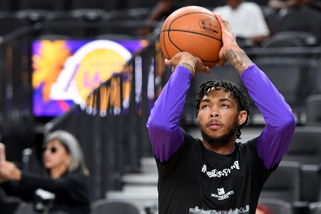 LAS VEGAS, NV - OCTOBER 08:  Brandon Ingram #14 of the Los Angeles Lakers shoots during warmups before a preseason game against the Sacramento Kings at T-Mobile Arena on October 8, 2017 in Las Vegas, Nevada. Los Angeles won 75-69.  NOTE TO USER: User expressly acknowledges and agrees that, by downloading and or using this photograph, User is consenting to the terms and conditions of the Getty Images License Agreement.  (Photo by Ethan Miller/Getty Images)