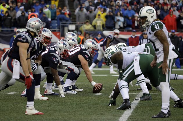 The New England Patriots and New York Jets face off at the line of scrimmage during the first half of an NFL football game, Saturday, Dec. 24, 2016, in Foxborough, Mass. (AP Photo/Elise Amendola) The New England Patriots and New York Jets face off at the line of scrimmage during the first half of an NFL football game, Saturday, Dec. 24, 2016, in Foxborough, Mass. (AP Photo/Elise Amendola)