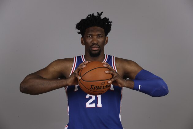 Philadelphia 76ers' Joel Embiid poses for a photograph during media day at the NBA basketball team's practice facility, Monday, Sept. 25, 2017, in Camden, N.J. (AP Photo/Matt Rourke)
