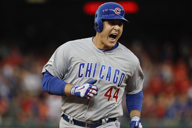 Chicago Cubs' Anthony Rizzo yells as he circles the bases after hitting a two-run home run off Washington Nationals starting pitcher Gio Gonzalez in the fourth inning in Game 2 of baseball's National League Division Series, at Nationals Park, Saturday, Oct. 7, 2017, in Washington. (AP Photo/Pablo Martinez Monsivais)
