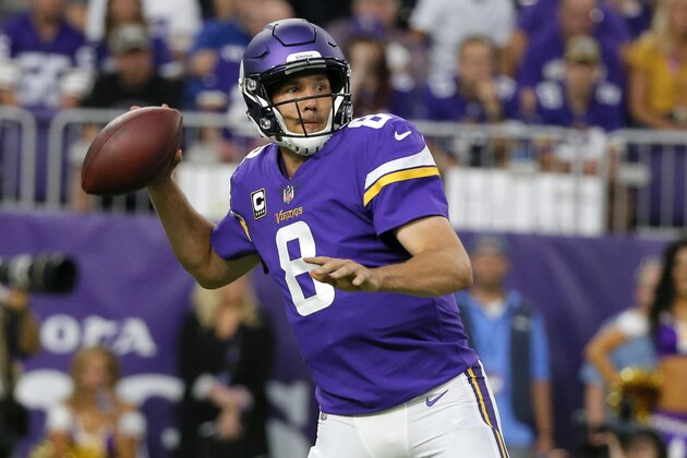 Minnesota Vikings quarterback Sam Bradford throws a pass during the first half of an NFL football game against the New Orleans Saints, Monday, Sept. 11, 2017, in Minneapolis. (AP Photo/Bruce Kluckhohn)