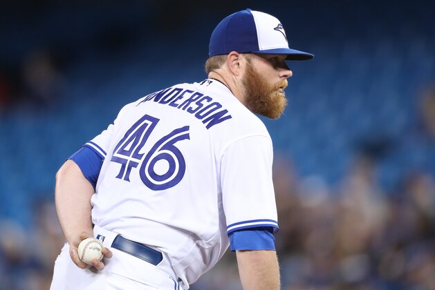 TORONTO, ON - SEPTEMBER 20: Brett Anderson #46 of the Toronto Blue Jays looks in before delivering a pitch in the second inning during MLB game action against the Kansas City Royals at Rogers Centre on September 20, 2017 in Toronto, Canada. (Photo by Tom Szczerbowski/Getty Images)