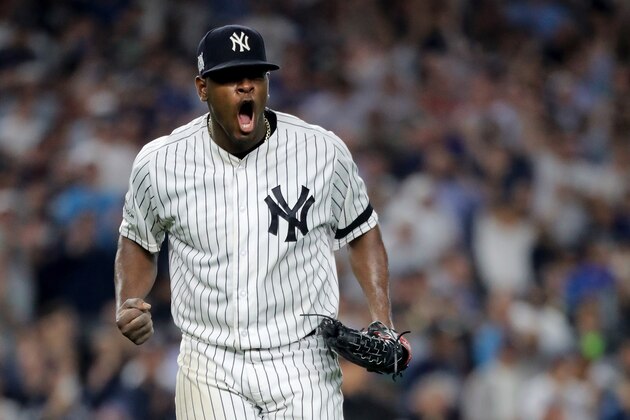 NEW YORK, NY - OCTOBER 09:  Luis Severino #40 of the New York Yankees celebrates after closing out the top of the seventh inning against the Cleveland Indians in Game Four of the American League Divisional Series at Yankee Stadium on October 9, 2017 in the Bronx borough of New York City.  (Photo by Abbie Parr/Getty Images)