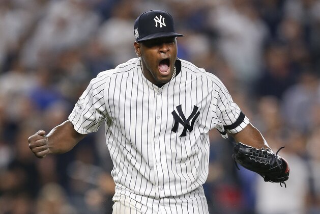 New York Yankees pitcher Luis Severino reacts at the end of the top of the seventh inning against the Cleveland Indians in Game 4 of baseball's American League Division Series, Monday, Oct. 9, 2017, in New York. (AP Photo/Kathy Willens)