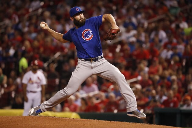 Chicago Cubs starting pitcher Jake Arrieta throws during the first inning of a baseball game against the St. Louis Cardinals Tuesday, Sept. 26, 2017, in St. Louis. (AP Photo/Jeff Roberson)
