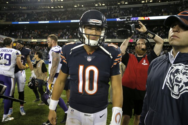 CHICAGO, IL - OCTOBER 09:   Mitchell Trubisky #10 of the Chicago Bears walks off the field after losing to the Minnesota Vikings 20-17 at Soldier Field on October 9, 2017 in Chicago, Illinois.  (Photo by Jon Durr/Getty Images)