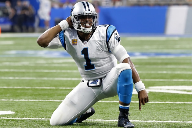 Carolina Panthers quarterback Cam Newton (1) celebrates a Kelvin Benjamin touchdown reception against the Detroit Lions during an NFL football game in Detroit, Sunday, Oct. 8, 2017. (AP Photo/Paul Sancya)