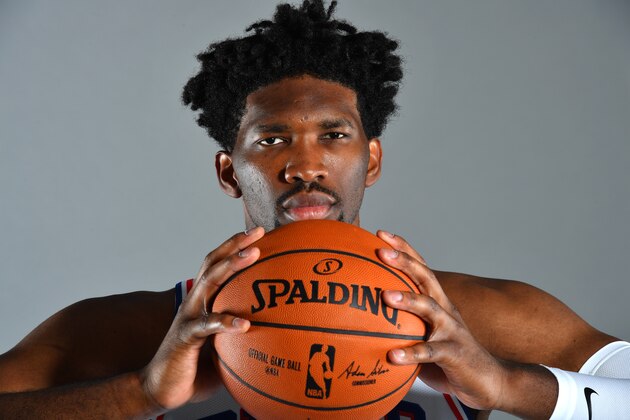 PHILADELPHIA, PA - SEPTEMBER 25: Joel Embiid #21 of the Philadelphia 76ers poses for a portrait during 2017-18 NBA Media Day on September 25, 2017 at Wells Fargo Center in Philadelphia, Pennsylvania. NOTE TO USER: User expressly acknowledges and agrees that, by downloading and or using this photograph, User is consenting to the terms and conditions of the Getty Images License Agreement. Mandatory Copyright Notice: Copyright 2017 NBAE (Photo by Jesse D. Garrabrant/NBAE via Getty Images)]