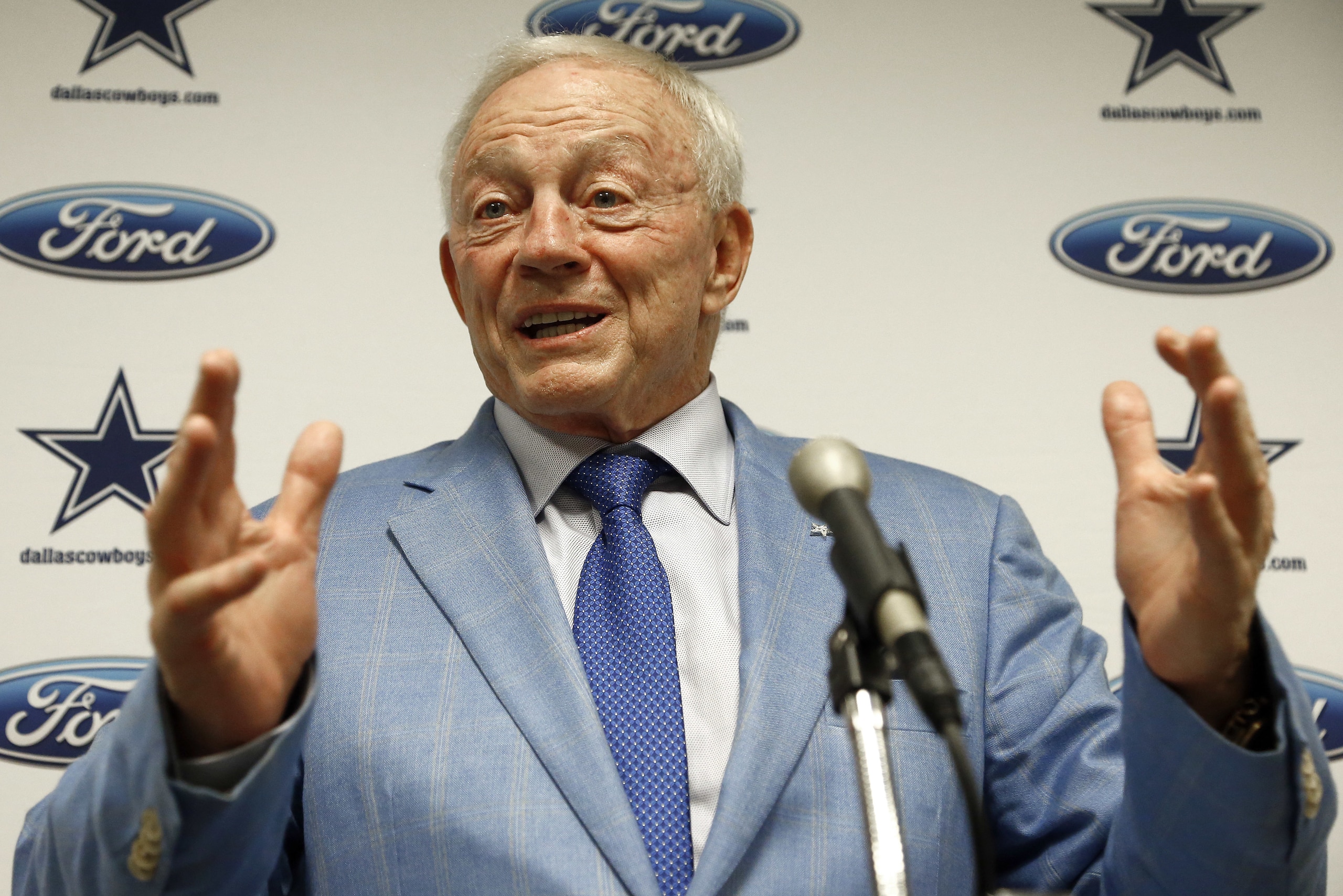 Dallas Cowboys owner Jerry Jones speaks after an NFL football game against the,Arizona Cardinals, Monday, Sept. 25, 2017, in Glendale, Ariz. The Cowboys won 28-17. (AP Photo/Ross D. Franklin)