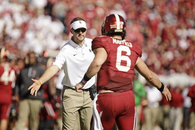 NORMAN, OK - OCTOBER 07: Head Coach Lincoln Riley congratulates quarterback Baker Mayfield #6 of the Oklahoma Sooners after a touchdown against the Iowa State Cyclones at Gaylord Family Oklahoma Memorial Stadium on October 7, 2017 in Norman, Oklahoma. Iowa State defeated Oklahoma 38-31. (Photo by Brett Deering/Getty Images)