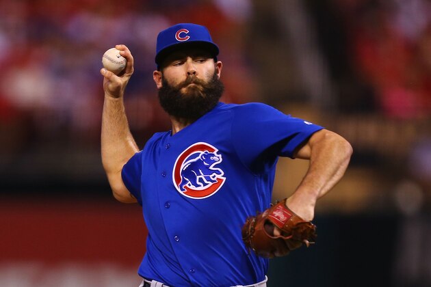ST. LOUIS, MO - SEPTEMBER 26: Jake Arrieta #49 of the Chicago Cubs pitches against the St. Louis Cardinals in the first inning at Busch Stadium on September 26, 2017 in St. Louis, Missouri.  (Photo by Dilip Vishwanat/Getty Images)