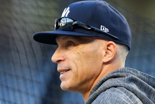 NEW YORK, NY - OCTOBER 03:  (NEW YORK DAILIES OUT)   Manager Joe Girardi #28 of the New York Yankees during batting practice before the American League Wild Card Game against the Minnesota Twins at Yankee Stadium on October 3, 2017 in the Bronx borough of New York City. The Yankees defeated the Twins 8-4.  (Photo by Jim McIsaac/Getty Images)