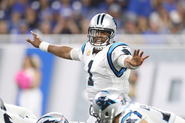 DETROIT, MI - OCTOBER 08: Cam Newton #1 of the Carolina Panthers calls the play at the line during the fourth quarter of the game against the Detroit Lions at Ford Field on October 8, 2017 in Detroit, Michigan. Carolina defeated Detroit 27-24. (Photo by Leon Halip/Getty Images) (Photo by Leon Halip/Getty Images)