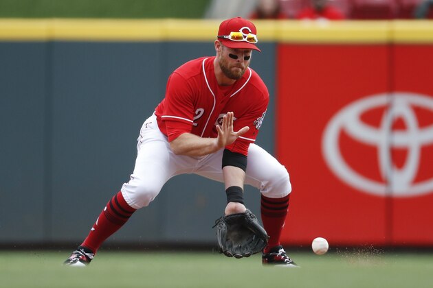 Cincinnati Reds shortstop Zack Cozart fields out Milwaukee Brewers' Neil Walker to first in the sixth inning of a baseball game, Wednesday, Sept. 6, 2017, in Cincinnati. The Reds won 7-1. (AP Photo/John Minchillo)