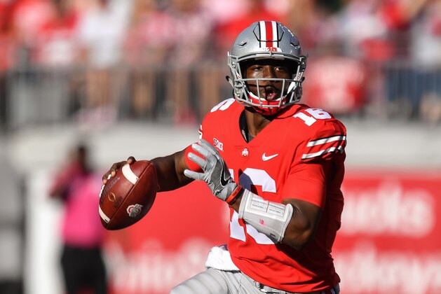 COLUMBUS, OH - OCTOBER 7: Quarterback J.T. Barrett #16 of the Ohio State Buckeyes runs with the ball against the Maryland Terrapins at Ohio Stadium on October 7, 2017 in Columbus, Ohio. (Photo by Jamie Sabau/Getty Images) COLUMBUS, OH - OCTOBER 7: Quarterback J.T. Barrett #16 of the Ohio State Buckeyes runs with the ball against the Maryland Terrapins at Ohio Stadium on October 7, 2017 in Columbus, Ohio. (Photo by Jamie Sabau/Getty Images)