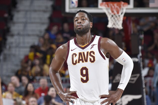 CLEVELAND, OH - OCTOBER 6:  Dwyane Wade #9 of the Cleveland Cavaliers looks on during the preseason game against the Indiana Pacers on October 6, 2017 at Quicken Loans Arena in Cleveland, Ohio.  NOTE TO USER: User expressly acknowledges and agrees that, by downloading and or using this Photograph, user is consenting to the terms and conditions of the Getty Images License Agreement. Mandatory Copyright Notice: Copyright 2017 NBAE (Photo by David Liam Kyle/NBAE via Getty Images)