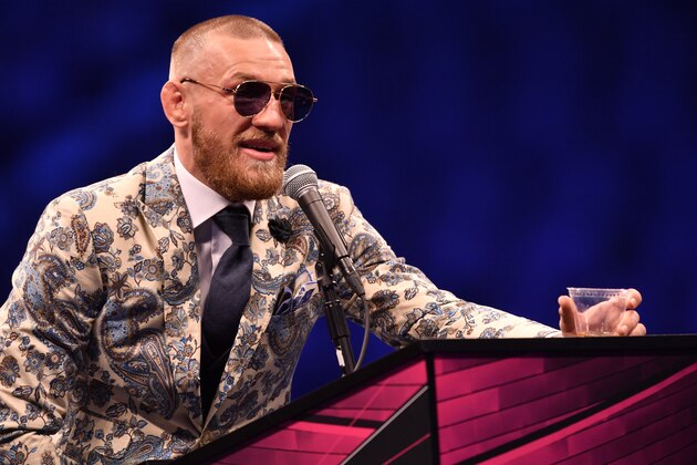 LAS VEGAS, NV - AUGUST 25:  Conor McGregor speaks to the media during a news conference after Mayweather's 10th-round TKO victory in their super welterweight boxing match on August 26, 2017 at T-Mobile Arena in Las Vegas, Nevada. (Photo by Jeff Bottari/Zuffa LLC/Zuffa LLC via Getty Images)