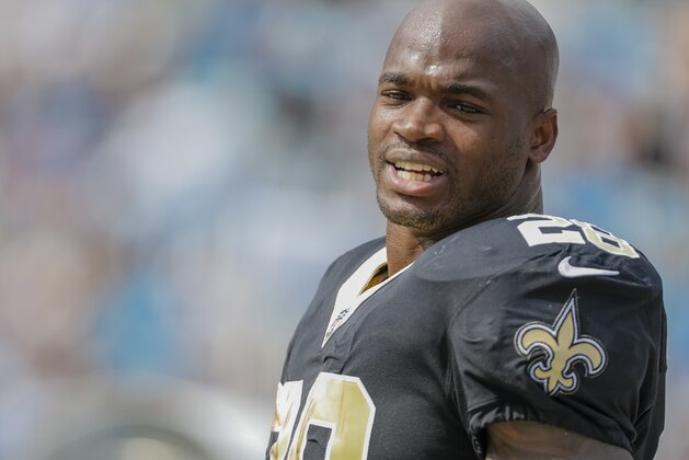 New Orleans Saints' Adrian Peterson (28) on the sidelines during the second half of an NFL football game against the Carolina Panthers in Charlotte, N.C., Sunday, Sept. 24, 2017. The Saints won 34-13. (AP Photo/Bob Leverone)