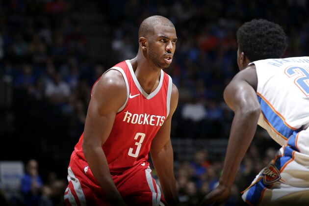 TULSA, OK- OCTOBER 3: Chris Paul #3 of the Houston Rockets looks on during the preseason game against the Oklahoma City Thunder  on October 3, 2017 at the BOK Center in Tulsa, Oklahoma. NOTE TO USER: User expressly acknowledges and agrees that, by downloading and or using this photograph, User is consenting to the terms and conditions of the Getty Images License Agreement. Mandatory Copyright Notice: Copyright 2017 NBAE (Photo by Shane Bevel/NBAE via Getty Images)
