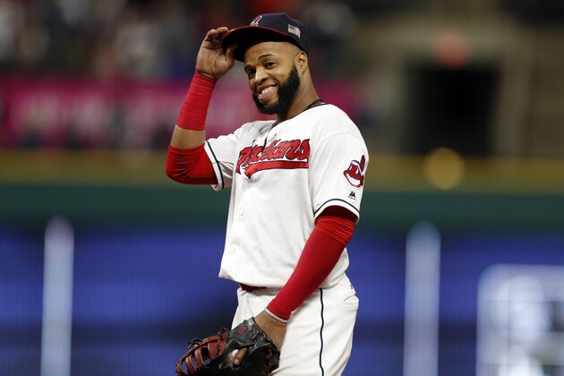 CLEVELAND, OH - SEPTEMBER 10:  Carlos Santana #41 of the Cleveland Indians tips his hat to fans in the ninth inning against the Baltimore Orioles at Progressive Field on September 10, 2017 in Cleveland, Ohio. The Indians defeated the Orioles 3-2,  (Photo by David Maxwell/Getty Images)