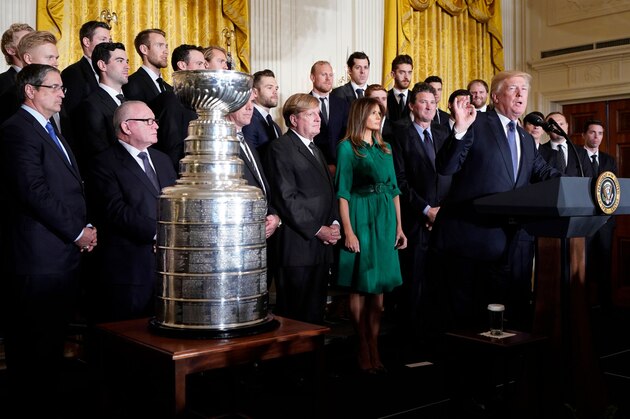 US President Donald Trump delivers a speech during an event at the White House in Washington, DC, on October 10, 2017, honouring the Pittsburgh Penguins 2017 Stanley Cup victory. / AFP PHOTO / Mandel NGAN        (Photo credit should read MANDEL NGAN/AFP/Getty Images)