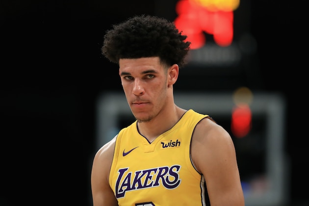 LOS ANGELES, CA - OCTOBER 02:  Lonzo Ball #2 of the Los Angeles Lakers looks on during the first half of a preseason game against the Denver Nuggets at Staples Center on October 2, 2017 in Los Angeles, California.  NOTE TO USER: User expressly acknowledges and agrees that, by downloading and or using this Photograph, user is consenting to the terms and conditions of the Getty Images License Agreement  (Photo by Sean M. Haffey/Getty Images)