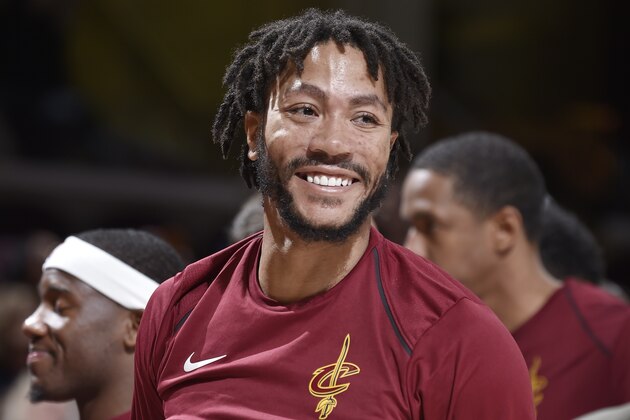 CLEVELAND, OH - OCTOBER 6:  Derrick Rose #1 of the Cleveland Cavaliers reacts during the preseason game against the Indiana Pacers on October 6, 2017 at Quicken Loans Arena in Cleveland, Ohio.  NOTE TO USER: User expressly acknowledges and agrees that, by downloading and or using this Photograph, user is consenting to the terms and conditions of the Getty Images License Agreement. Mandatory Copyright Notice: Copyright 2017 NBAE (Photo by David Liam Kyle/NBAE via Getty Images)