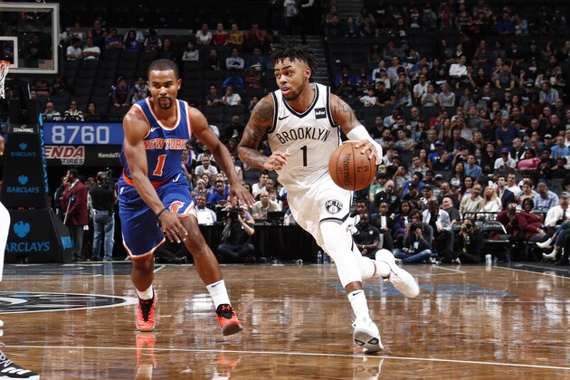 BROOKLYN, NY - OCTOBER 8: D'Angelo Russell #1 of the Brooklyn Nets handles the ball against the New York Knicks during a preseason game on October 8, 2017 at Barclays Center in Brooklyn, New York. NOTE TO USER: User expressly acknowledges and agrees that, by downloading and or using this Photograph, user is consenting to the terms and conditions of the Getty Images License Agreement. Mandatory Copyright Notice: Copyright 2017 NBAE (Photo by Nathaniel S. Butler/NBAE via Getty Images)