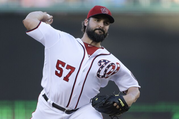 Washington Nationals pitcher Tanner Roark pitches during a baseball game against the Pittsburgh Pirates, Sunday, Oct. 1, 2017, in Washington. (AP Photo/Mark Tenally)