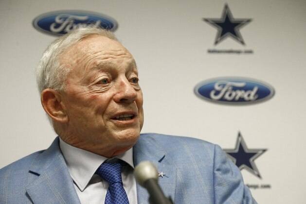 FILE - In this Sept. 25, 2017, file photo, Dallas Cowboys owner Jerry Jones speaks after an NFL football game against the Arizona Cardinals, in Glendale, Ariz. Dallas owner Jerry Jones said the NFL can't leave the impression that it tolerates players disrespecting the flag and that any of his Cowboys making such displays won't play. (AP Photo/Ross D. Franklin, File)