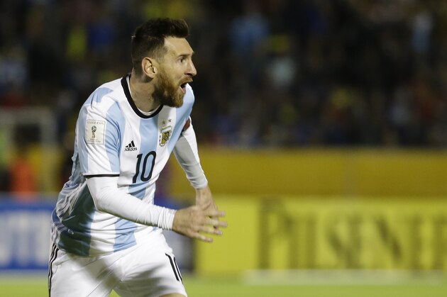 Argentina's Lionel Messi celebrates after scoring against Ecuador during their 2018 World Cup qualifying soccer match at the Atahualpa Olympic Stadium in Quito, Ecuador, Tuesday, Oct. 10, 2017. (AP Photo/Fernando Vergara)