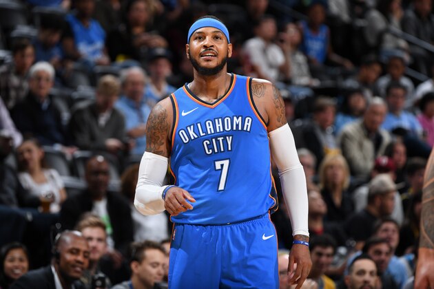 DENVER, CO - OCTOBER 10:  Carmelo Anthony #7 of the Oklahoma City Thunder looks on during the game against the Denver Nuggets on October 10, 2017 at the Pepsi Center in Denver, Colorado. NOTE TO USER: User expressly acknowledges and agrees that, by downloading and/or using this Photograph, user is consenting to the terms and conditions of the Getty Images License Agreement. Mandatory Copyright Notice: Copyright 2017 NBAE (Photo by Garrett Ellwood/NBAE via Getty Images)
