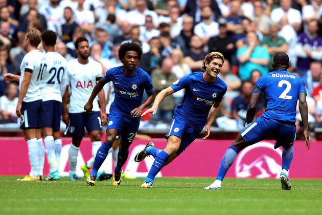 LONDON, ENGLAND - AUGUST 20: Marcos Alonso of Chelsea celebrates after he scores a goal to make it 0-1 during the Premier League match between Tottenham Hotspur and Chelsea at Wembley Stadium on August 20, 2017 in London, England. (Photo by Catherine Ivill - AMA/Getty Images)