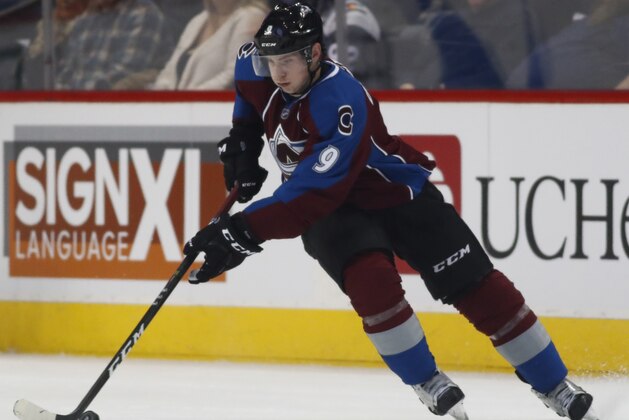 Colorado Avalanche center Matt Duchene (9) in the third period of an NHL hockey game Wednesday, Jan. 25, 2017, in Denver. The Canucks won 3-2. (AP Photo/David Zalubowski)