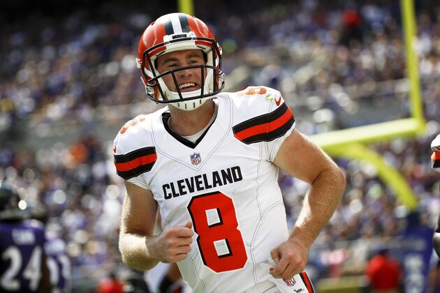 Cleveland Browns quarterback Kevin Hogan (8) runs off the field during the first half of an NFL football game against the Baltimore Ravens in Baltimore, Sunday, Sept. 17, 2017. (AP Photo/Patrick Semansky)