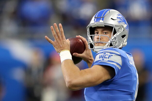 DETROIT, MI - OCTOBER 08: Matthew Stafford #9 of the Detroit Lions warms up prior to the start of the game against the Carolina Panthers at Ford Field on October 8, 2017 in Detroit, Michigan. (Photo by Leon Halip/Getty Images)